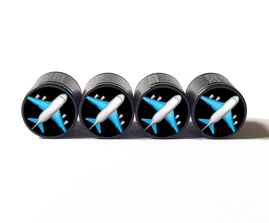 Jumbo Jet Airplane Emoji Tire Valve Caps - Black Aluminum - Set of 4