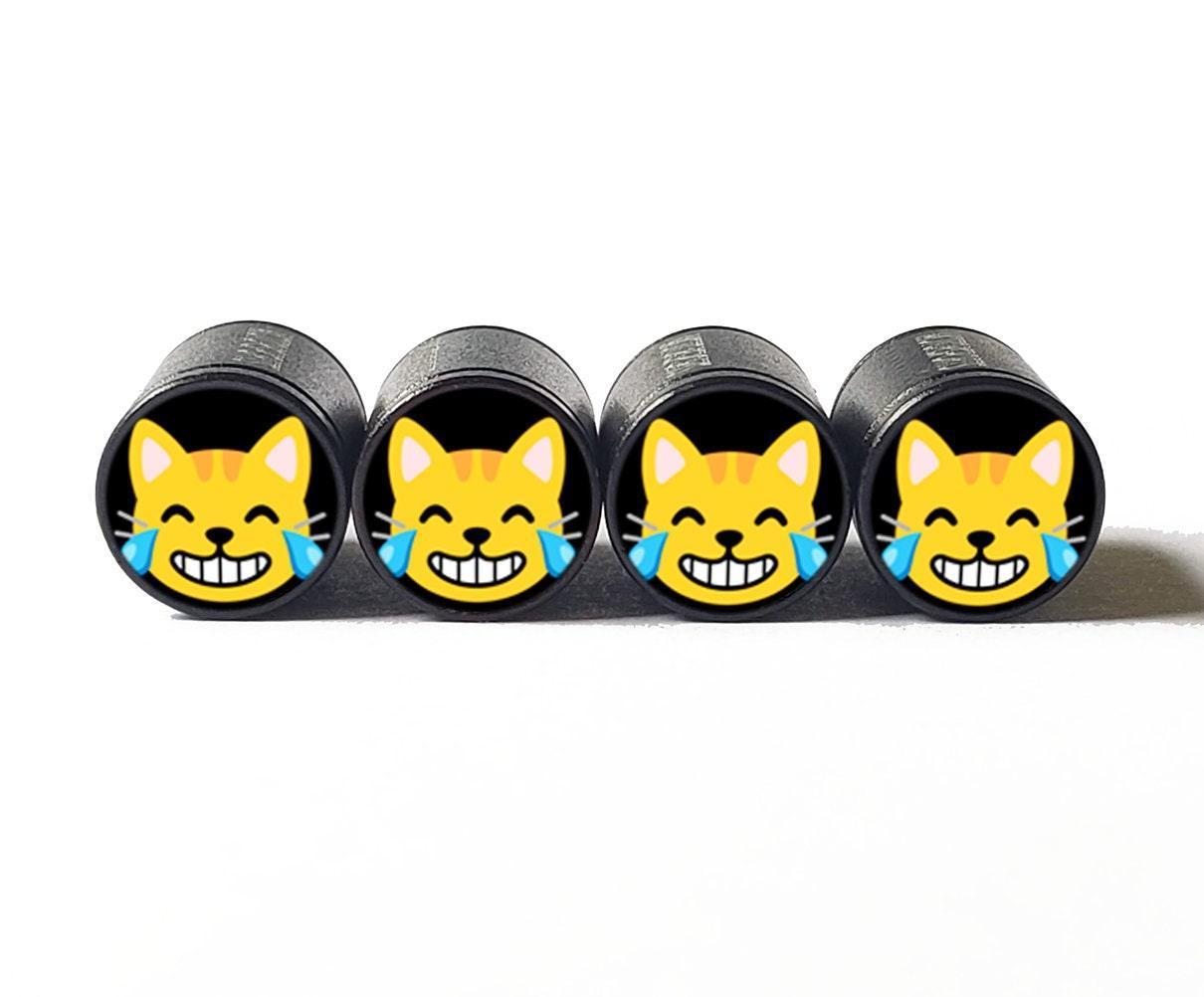 Laughing Cat Face Emoji Tire Valve Stem Caps - Black Aluminum - Set of Four