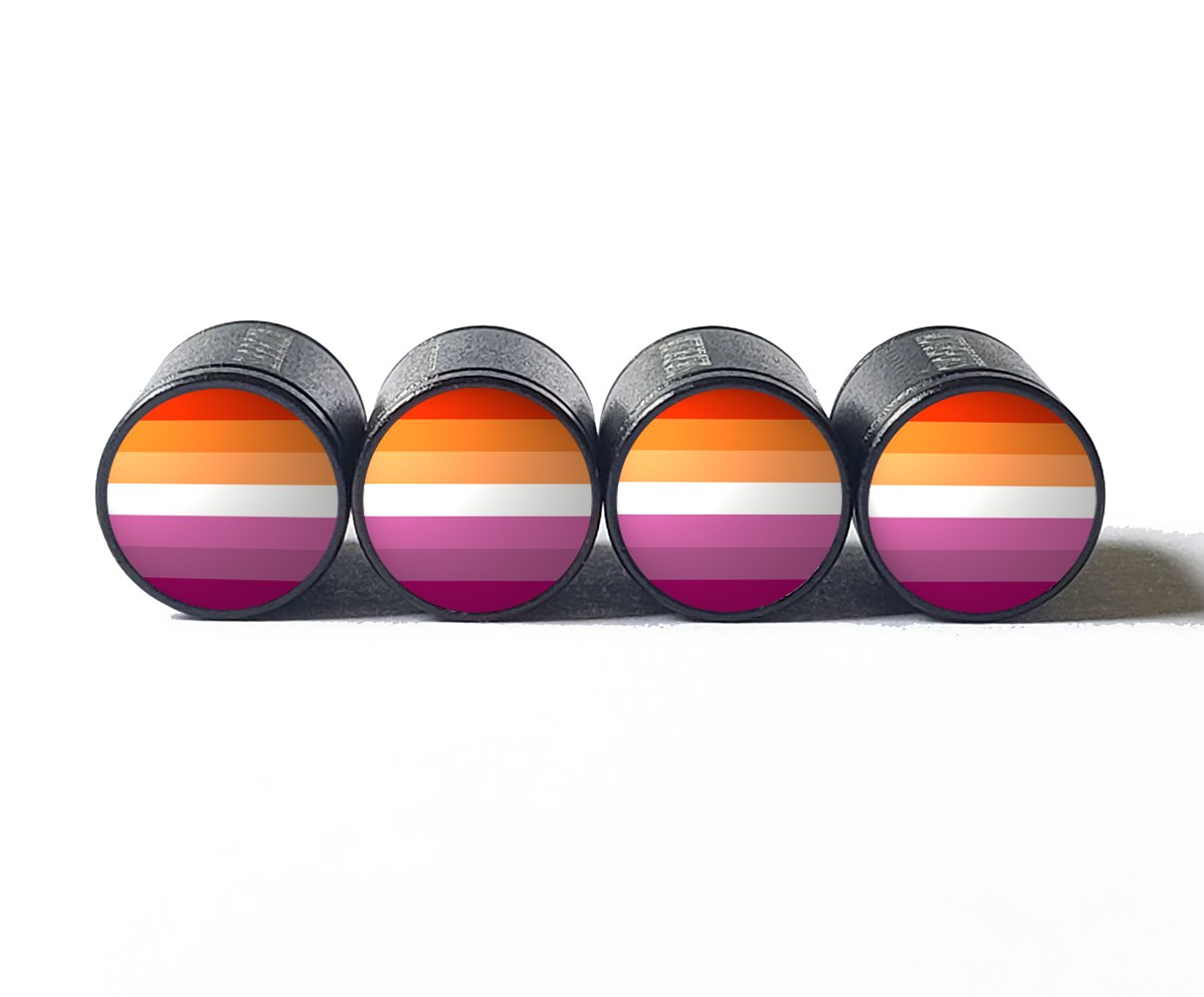 Lesbian Flag (Orange-Pink) Tire Valve Stem Caps - Black Aluminum - Set of Four