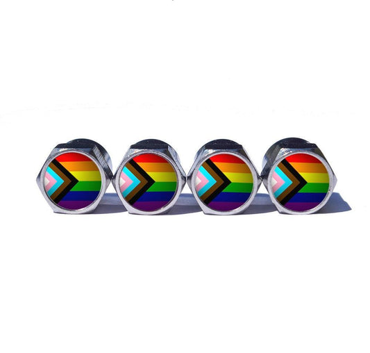 LGBT+ Progress Pride Flag Tire Valve Caps - Chrome Coated - Set of 4