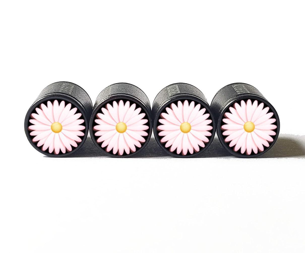 Light Pink Flower Emoji Tire Valve Caps - Black Aluminum - Set of Four