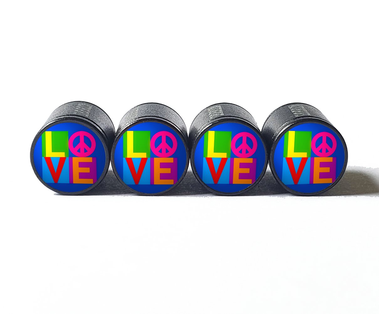 Love with Peace Sign Tire Valve Caps - Black Aluminum - Set of Four