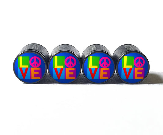 Love with Peace Sign Tire Valve Caps - Black Aluminum - Set of Four