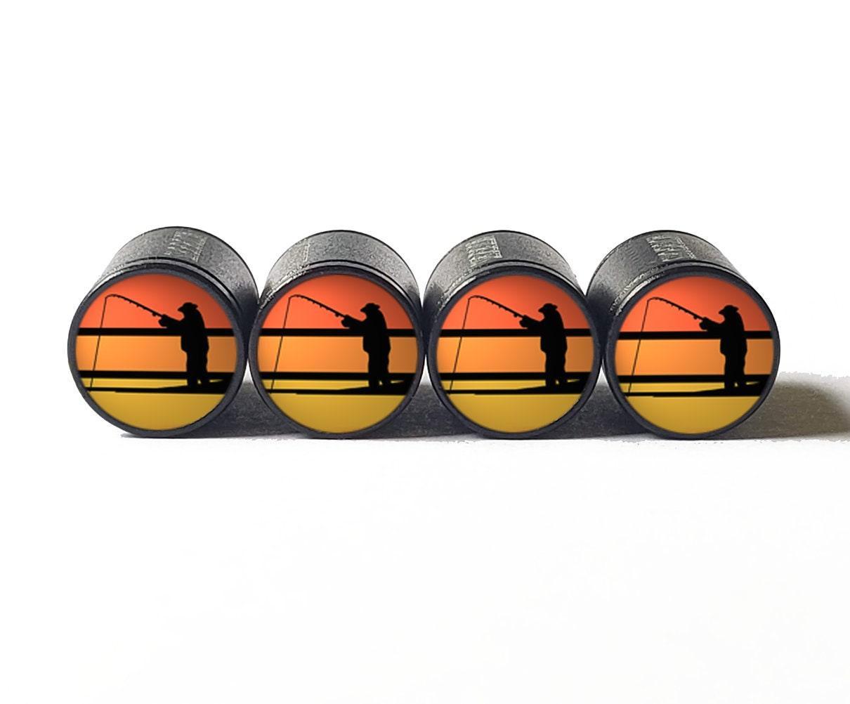 Man Fishing at Sunset Tire Valve Caps - Black Aluminum - Set of Four