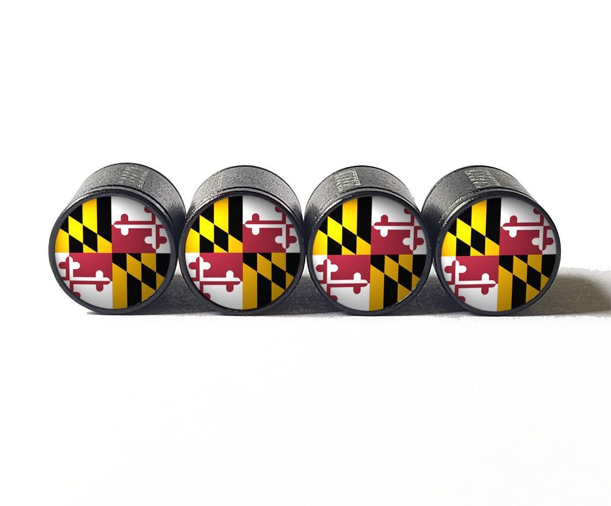 Maryland State Flag Tire Valve Caps - Black Aluminum - Set of Four