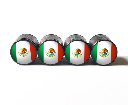 Mexico Flag Tire Valve Stem Caps - Black Aluminum - Set of Four