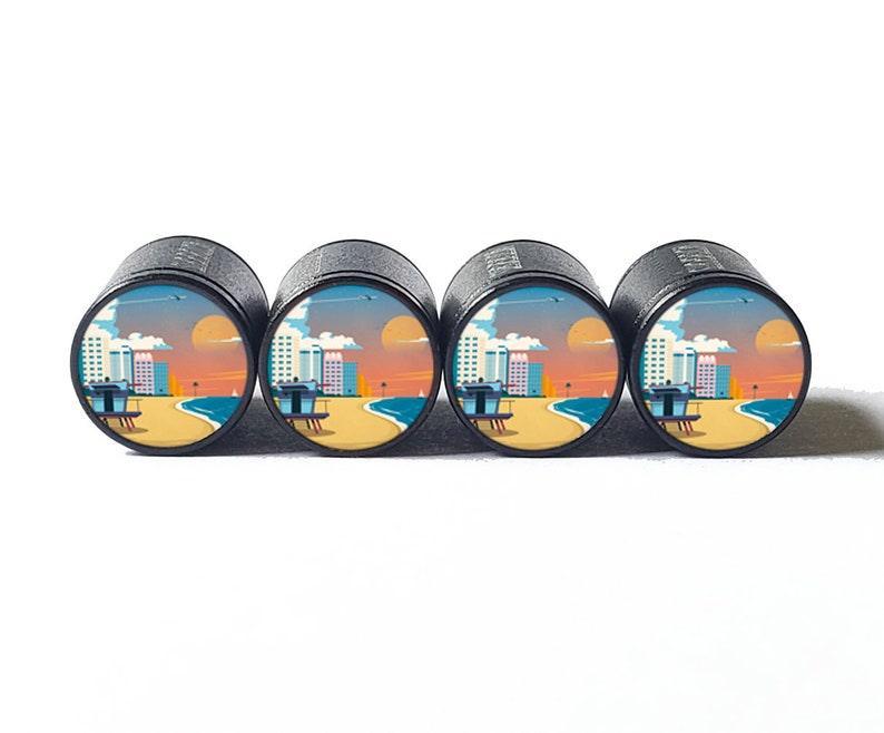 Miami Beach Illustration Tire Valve Caps - Black Aluminum - Set of 4