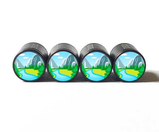 Mountain River Nature Emoji Tire Valve Caps - Aluminum - Set of Four