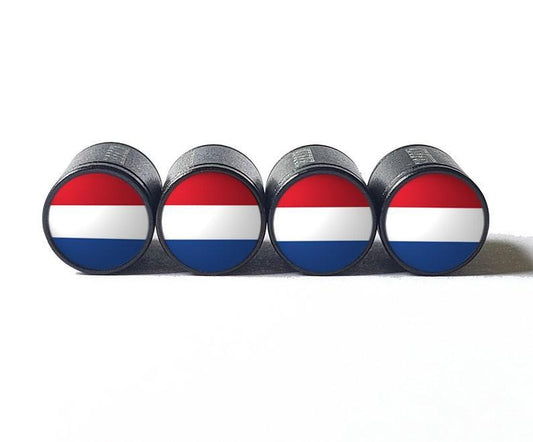 Netherlands Flag Tire Valve Stem Caps - Black Aluminum - Set of Four