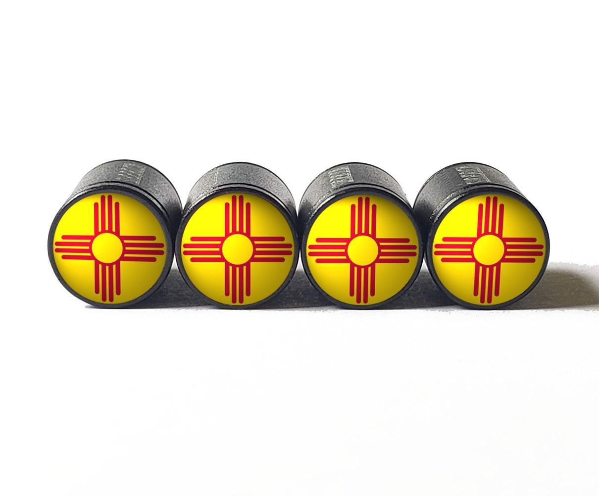 New Mexico State Flag Tire Valve Caps - Black Aluminum - Set of Four