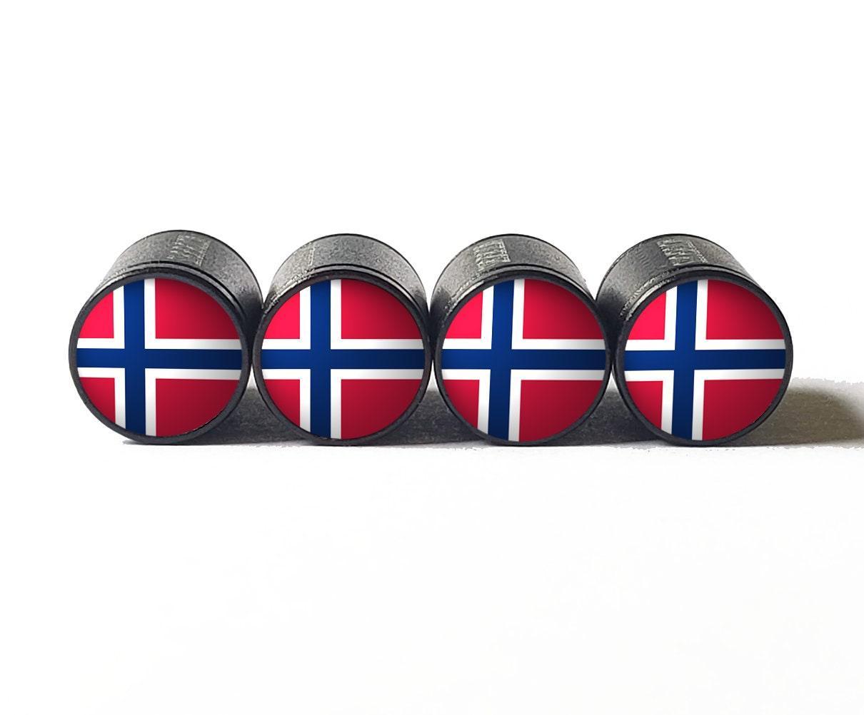 Norway Flag Tire Valve Stem Caps - Black Aluminum - Set of Four