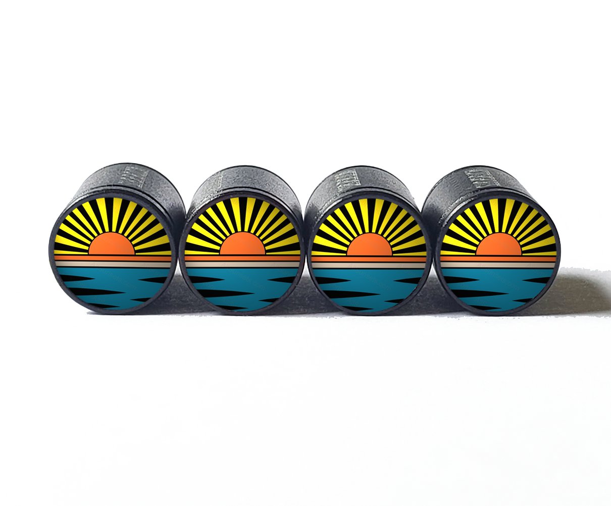 Ocean Horizon Sunrise Sunset Tire Valve Caps - Black Aluminum - Set of Four