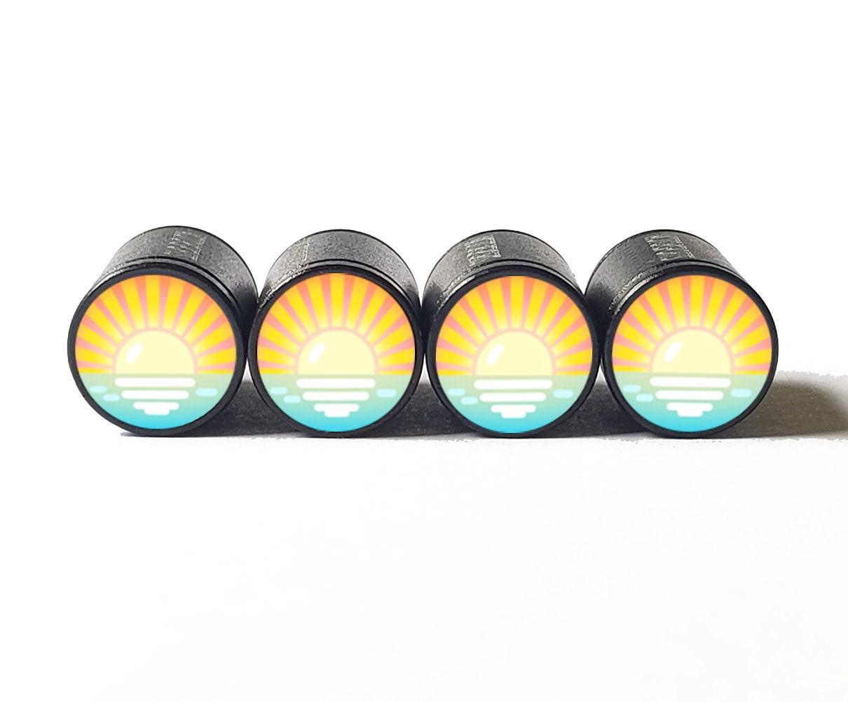 Ocean Sunrise Sunset Emoji Tire Valve Caps - Black Aluminum - Set of 4