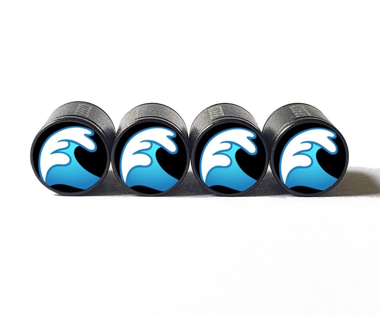 Ocean Wave Emoji Tire Valve Stem Caps - Black Aluminum - Set of Four