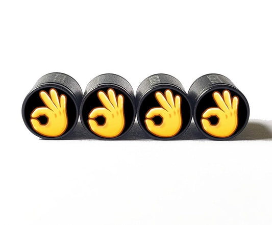 Ok Hand Gesture Emoji Tire Valve Caps - Black Aluminum - Set of Four