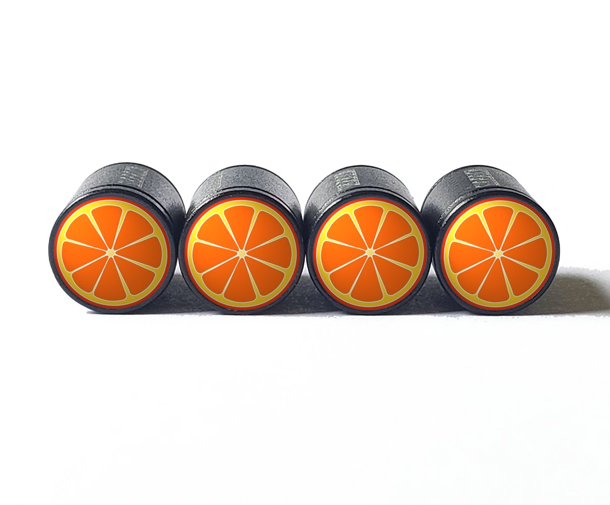 Orange Half Tire Valve Stem Caps - Black Aluminum - Set of Four