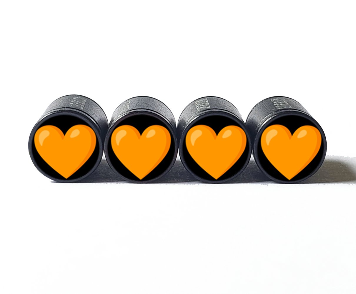 Orange Heart Emoji Tire Valve Caps - Black Aluminum - Set of Four