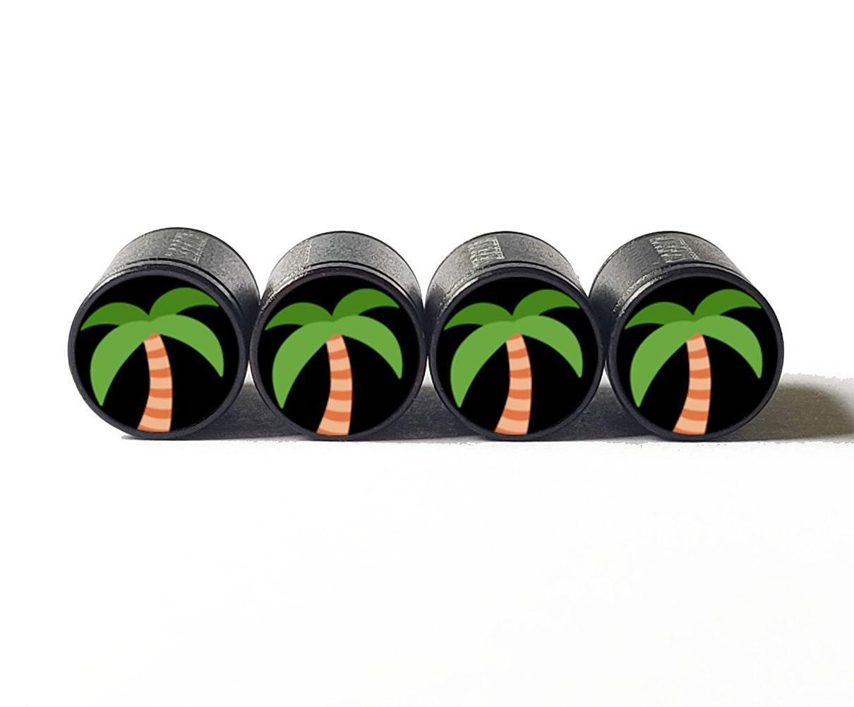 Palm Tree Emoji Tire Valve Stem Caps - Black Aluminum - Set of Four