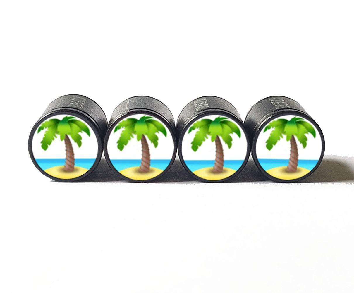 Palm Tree Island Emoji Tire Valve Caps - Black Aluminum - Set of Four