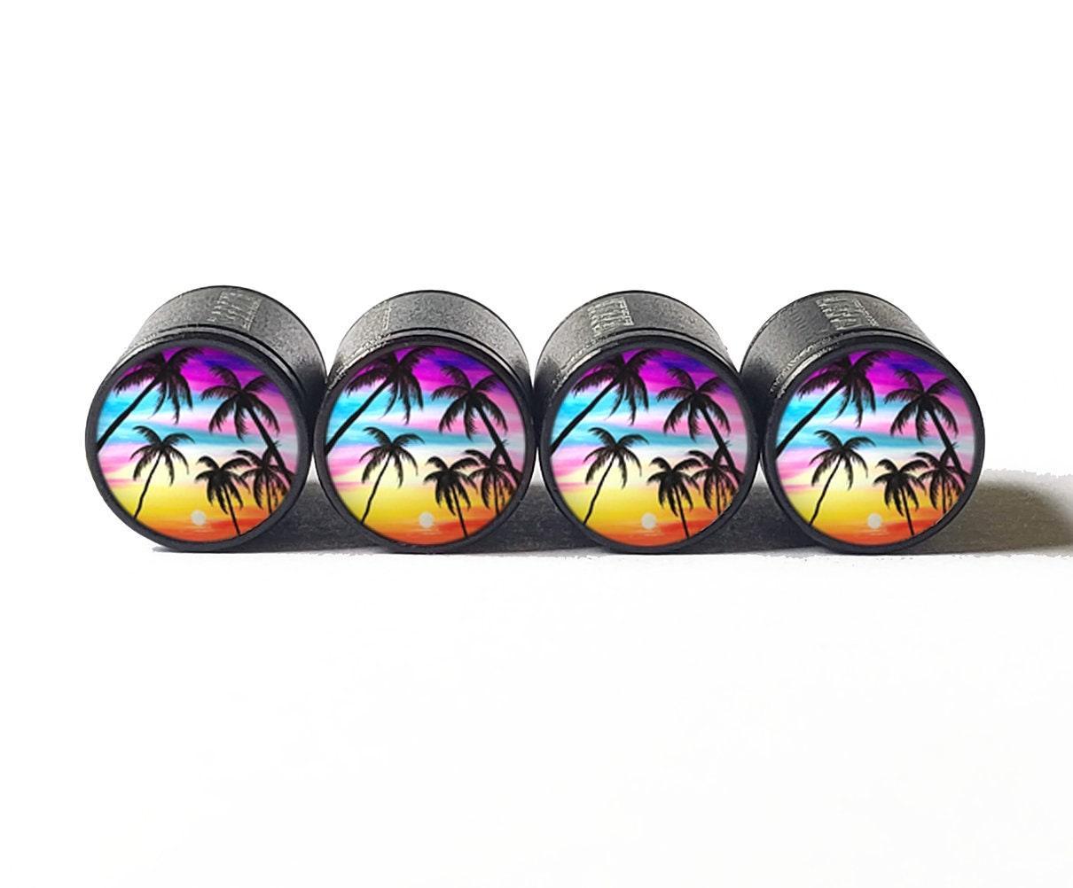 Palm Trees (Style 1) Tire Valve Caps - Black Aluminum - Set of Four