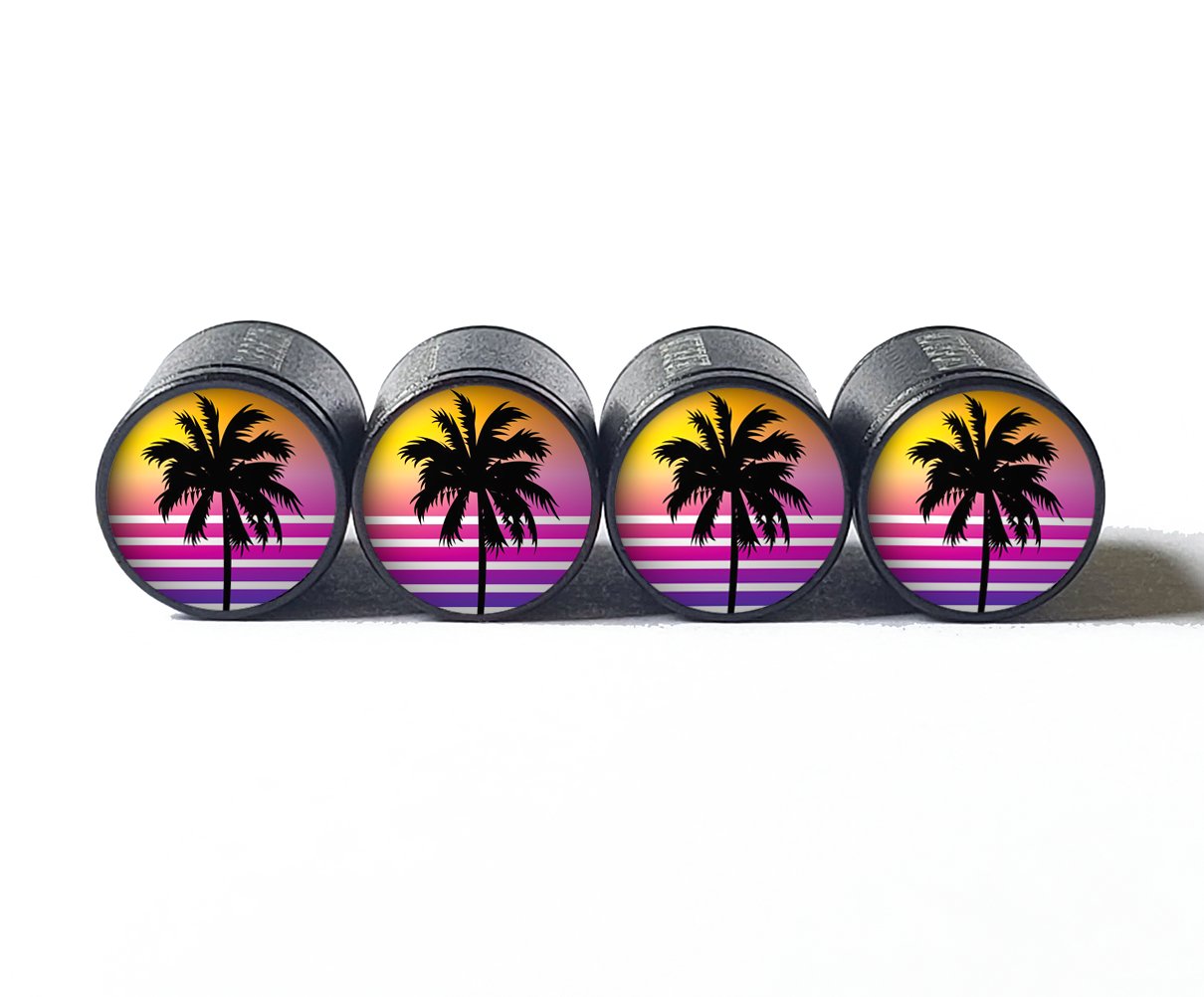 Palm Trees (Style 10) Tire Valve Caps - Black Aluminum - Set of Four