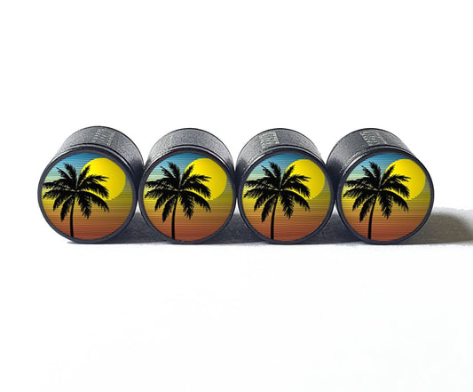 Palm Trees (Style 12) Tire Valve Caps - Black Aluminum - Set of Four