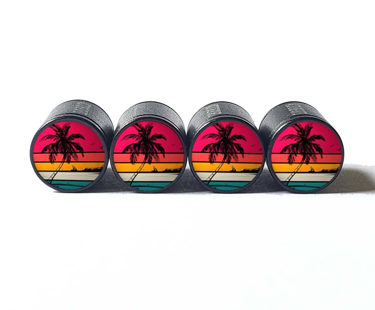 Palm Trees (Style 13) Tire Valve Caps - Black Aluminum - Set of Four