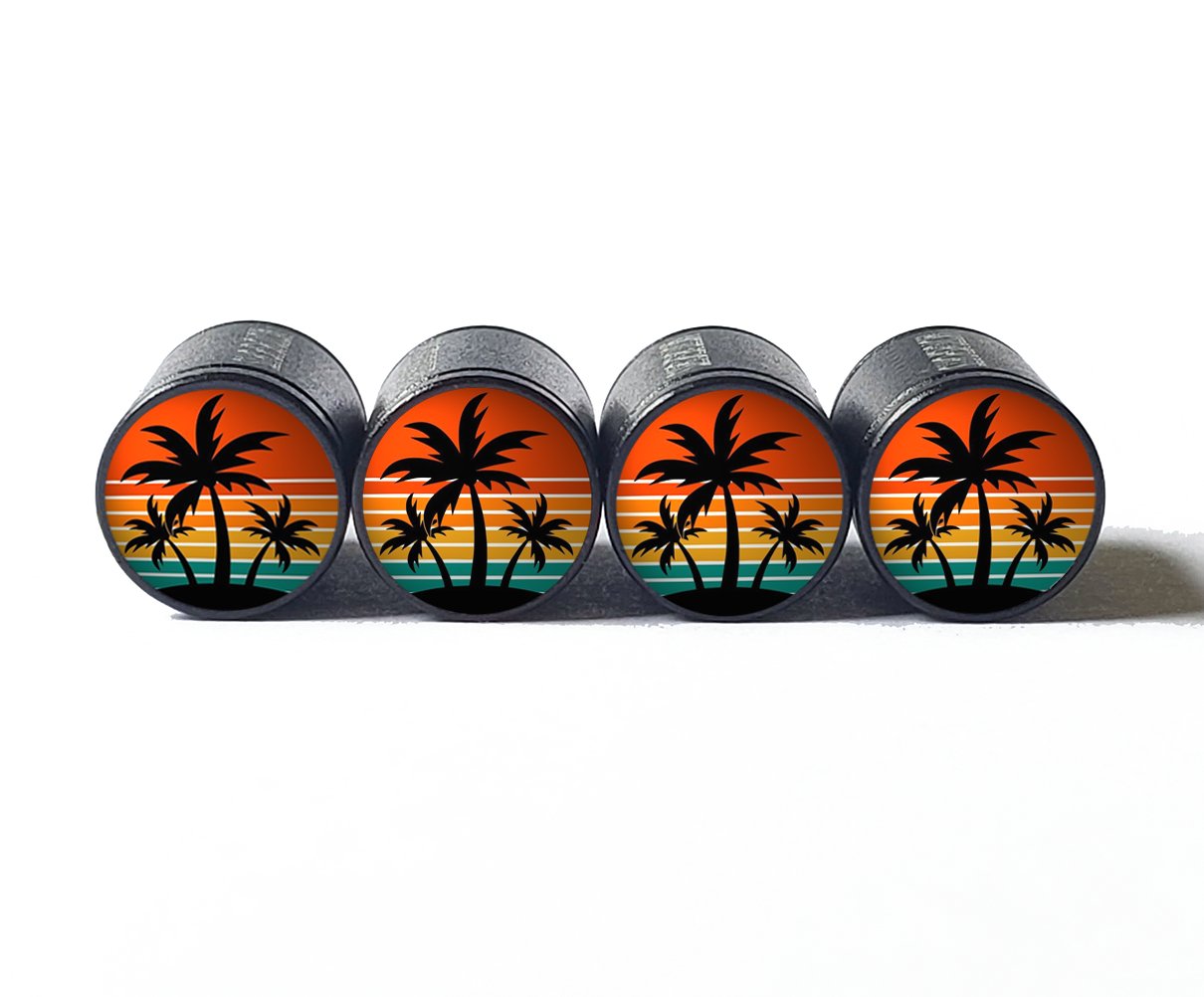 Palm Trees (Style 14) Tire Valve Caps - Black Aluminum - Set of Four