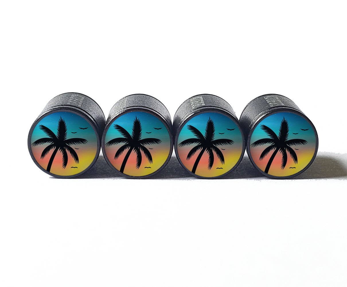 Palm Trees (Style 15) Tire Valve Caps - Black Aluminum - Set of Four