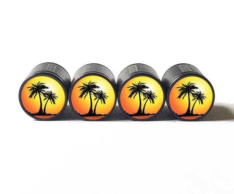 Palm Trees (Style 2) Tire Valve Caps - Black Aluminum - Set of Four