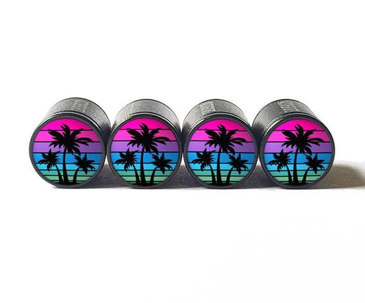 Palm Trees (Style 3) Tire Valve Caps - Black Aluminum - Set of Four