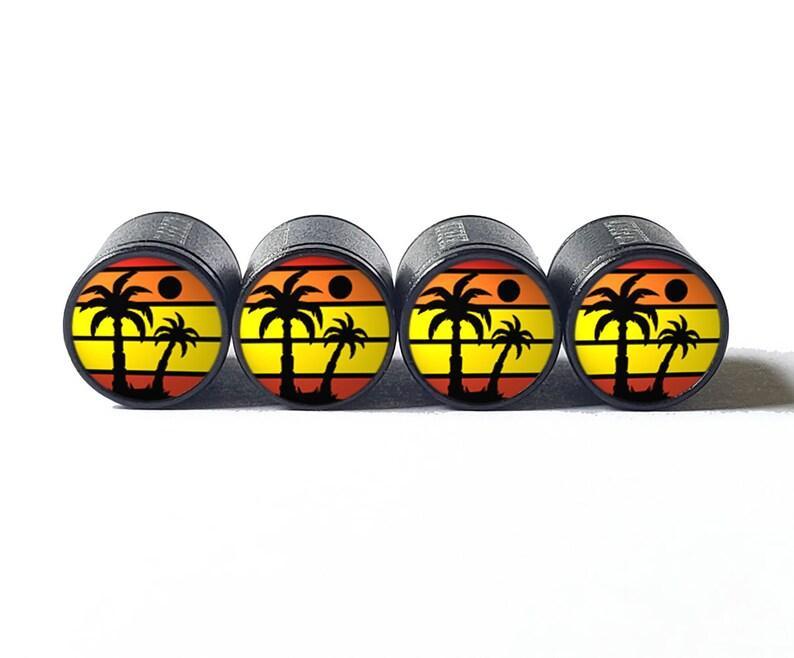 Palm Trees (Style 4) Tire Valve Caps - Black Aluminum - Set of Four