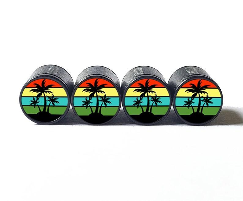 Palm Trees (Style 5) Tire Valve Caps - Black Aluminum - Set of Four