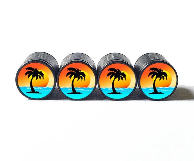 Palm Trees (Style 6) Tire Valve Caps - Black Aluminum - Set of Four