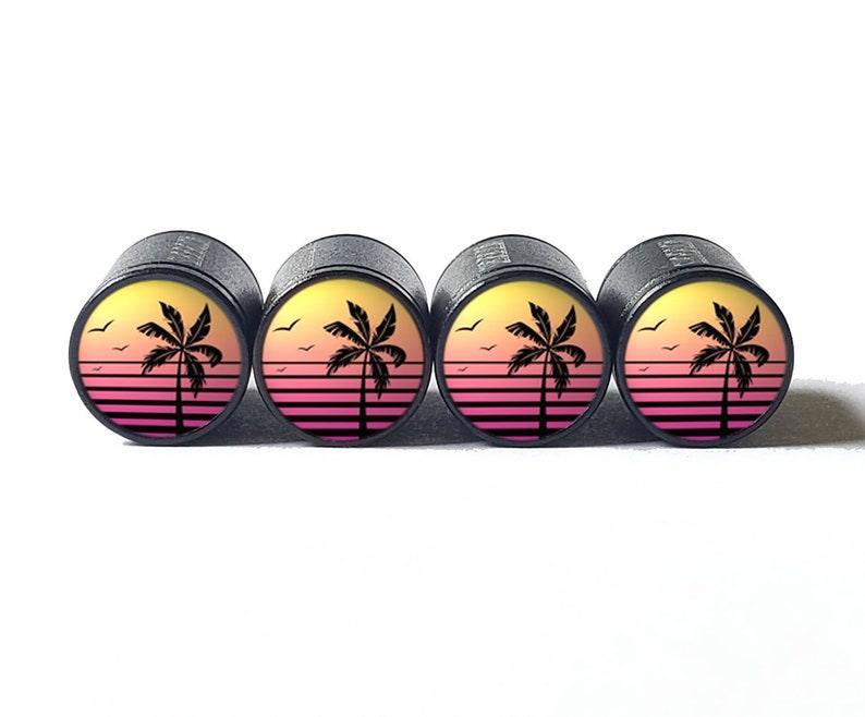 Palm Trees (Style 7) Tire Valve Caps - Black Aluminum - Set of Four