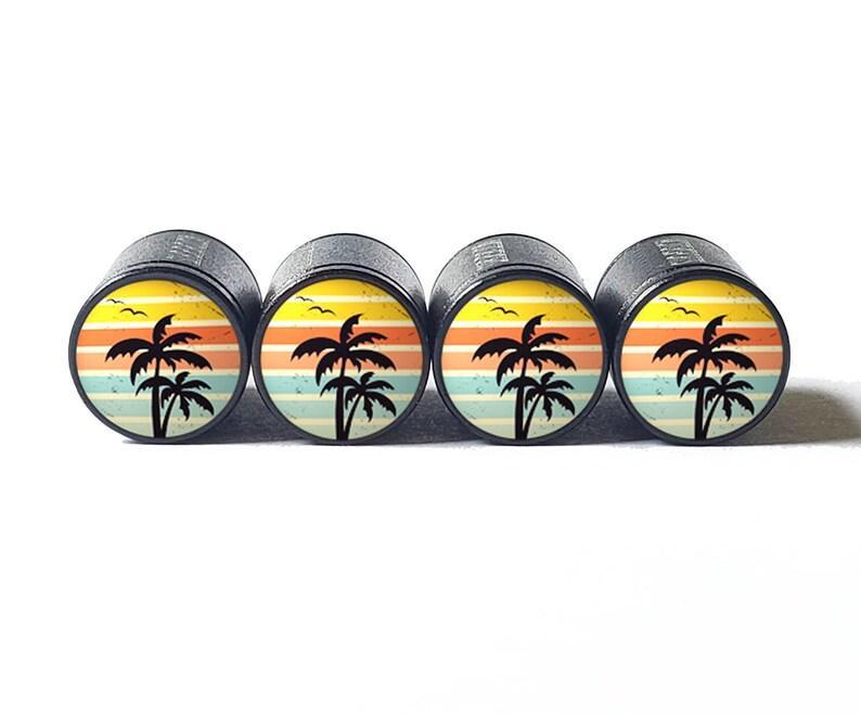 Palm Trees (Style 8) Tire Valve Caps - Black Aluminum - Set of Four