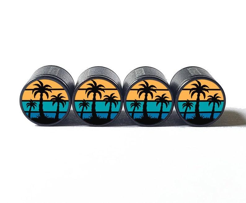 Palm Trees (Style 9) Tire Valve Caps - Black Aluminum - Set of Four