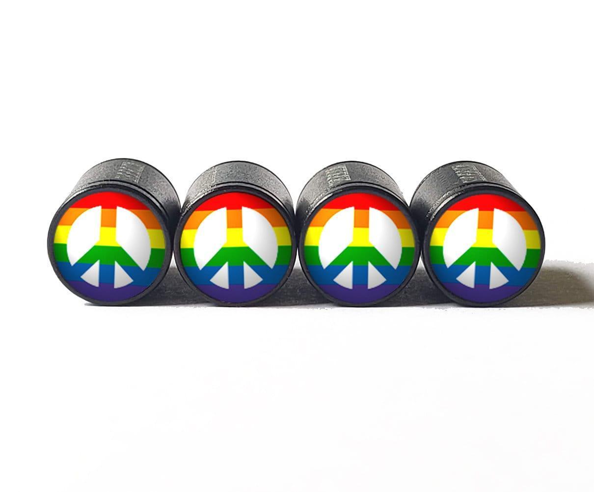 Peace Rainbow Tire Valve Stem Caps - Black Aluminum - Set of Four