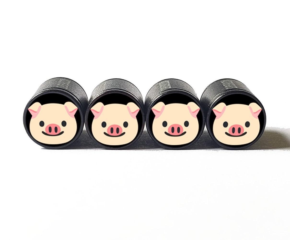 Pig Piggy Face Emoji Tire Valve Caps - Black Aluminum - Set of Four