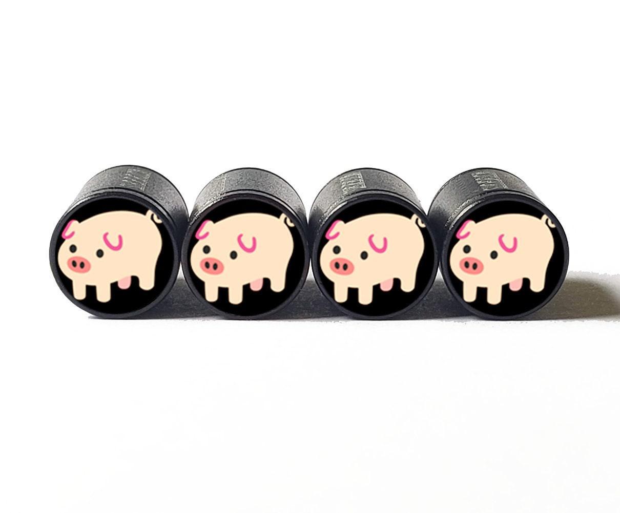 Pig Piggy Oink Emoji Tire Valve Caps - Black Aluminum - Set of Four