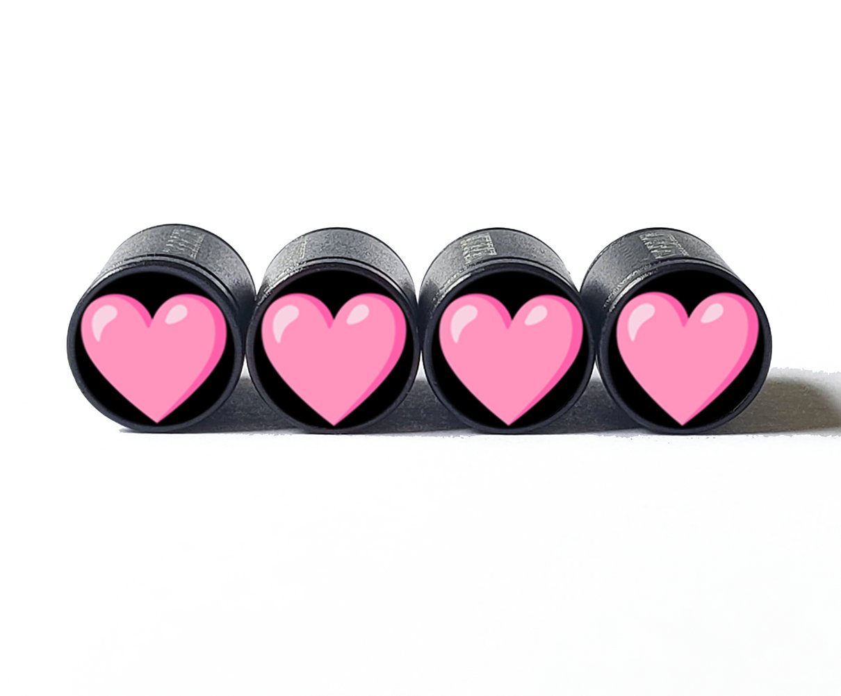 Pink Heart Emoji Tire Valve Caps - Black Aluminum - Set of Four