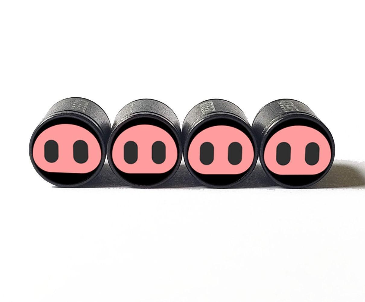 Pink Pig Nose Emoji Tire Valve Caps - Black Aluminum - Set of Four