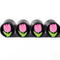 Pink Tulip Flower Emoji Tire Valve Caps - Black Aluminum - Set of Four