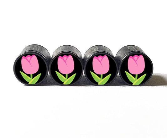 Pink Tulip Flower Emoji Tire Valve Caps - Black Aluminum - Set of Four