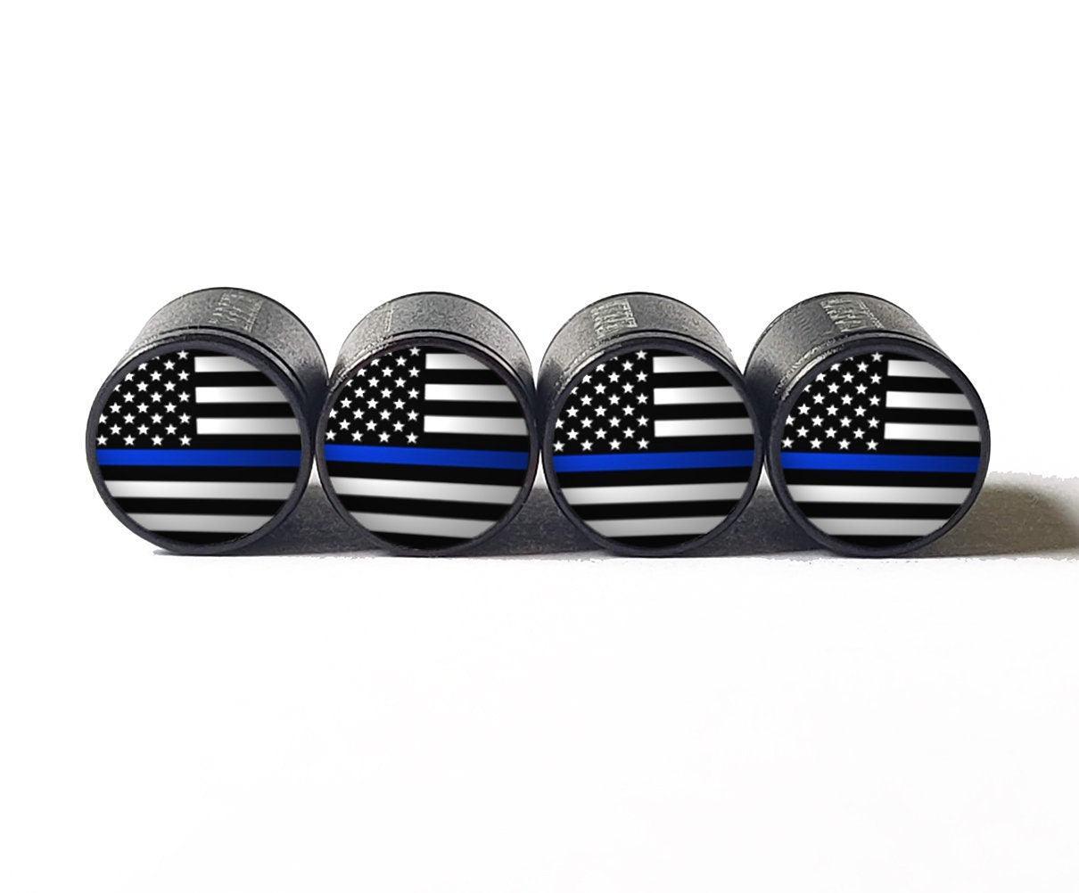 Police Blue Line (American Flag) Tire Valve Caps - Aluminum - Set of 4