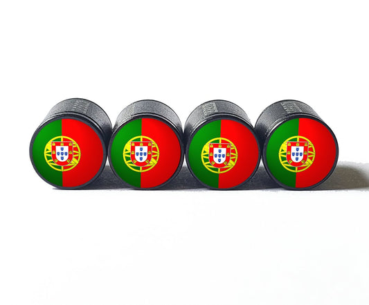 Portugal Flag Tire Valve Stem Caps - Black Aluminum - Set of Four