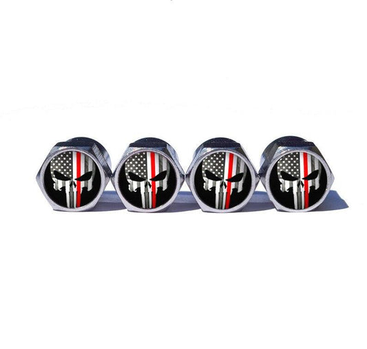 Punisher Fire Fighter Red Line Valve Caps - Chrome Coated - Set of 4