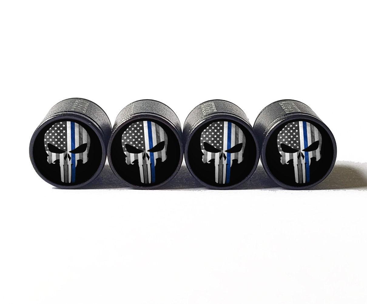 Punisher Police Blue Line Tire Valve Caps - Black Aluminum - Set of 4