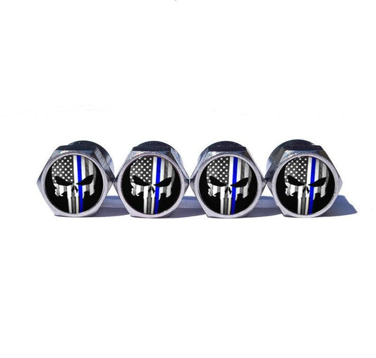 Punisher Police Blue Line Tire Valve Caps - Chrome Coated - Set of 4