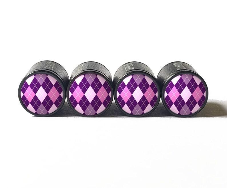 Purple Argyle Tire Valve Stem Caps - Black Aluminum - Set of Four